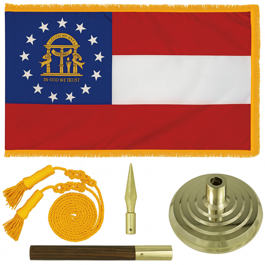 Georgia state flag with flagpole hardware on a white background