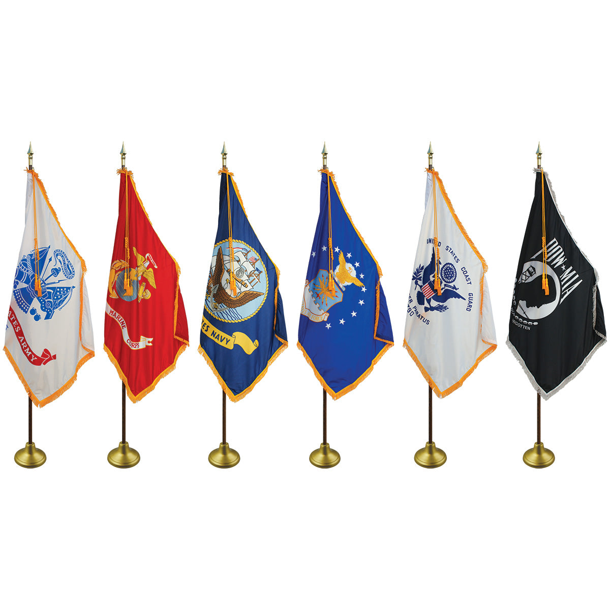 Set of six flags on stands with various designs on a white background