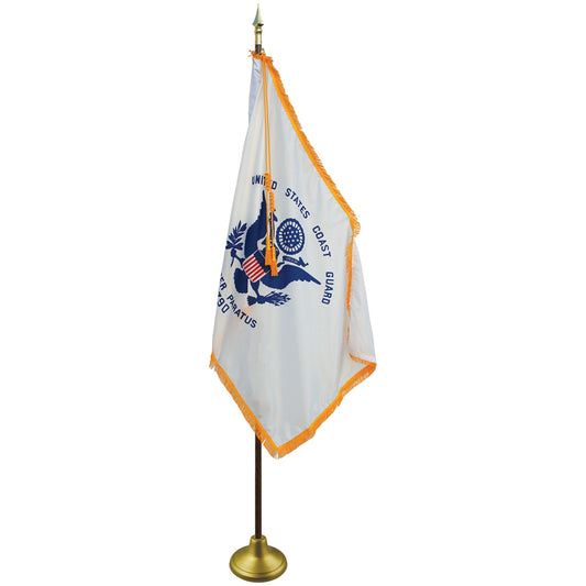 United States Coast Guard flag on a pole against a white background