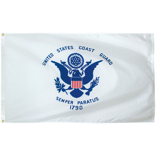 United States Coast Guard flag with emblem and text on a white background