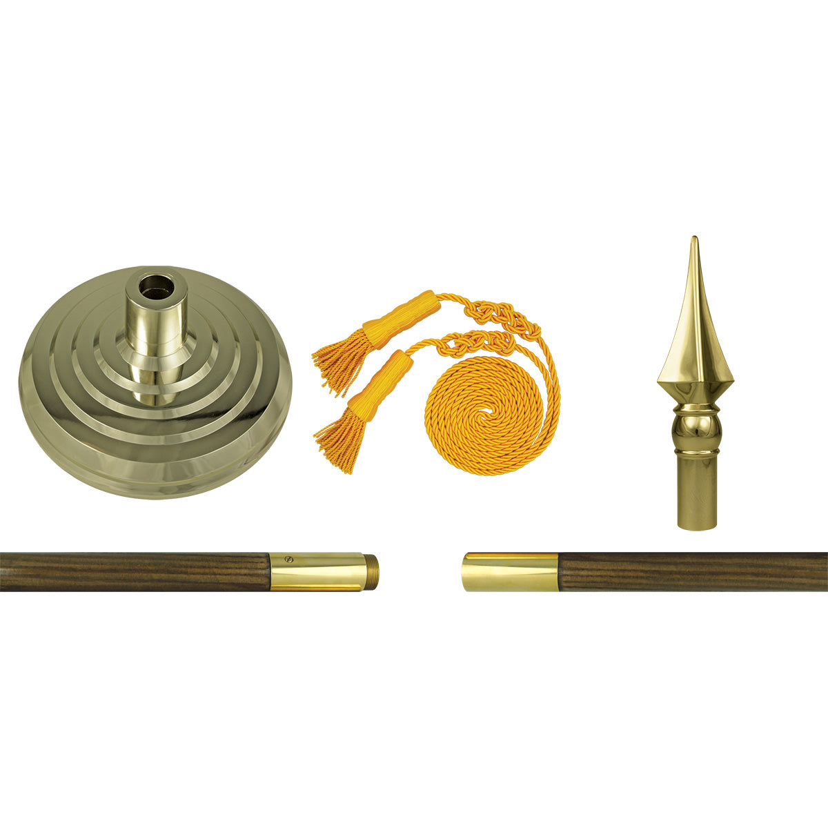 Indoor Flag Set Hardware including gold floor base, yellow cord and tassel, gold spear ornament, and 8-foot Oak flagpole