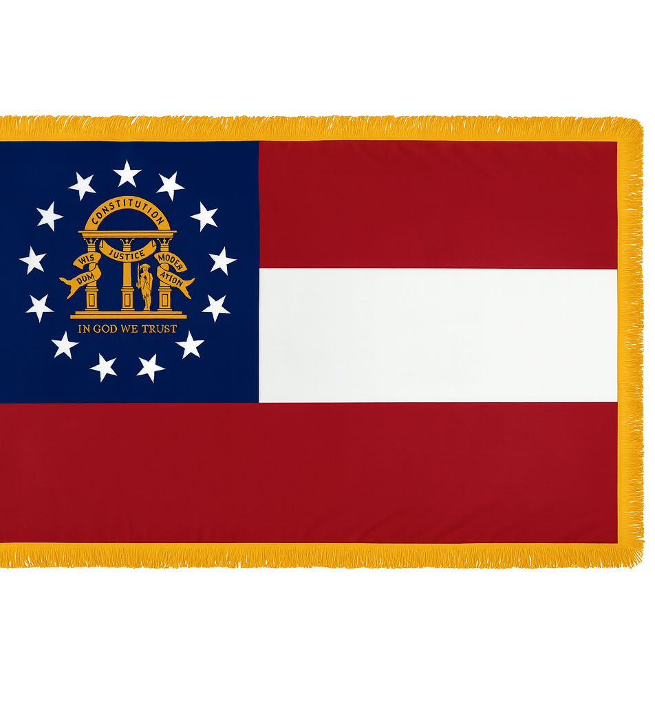Flag of Georgia with blue, red, and white stripes, and a gold border.