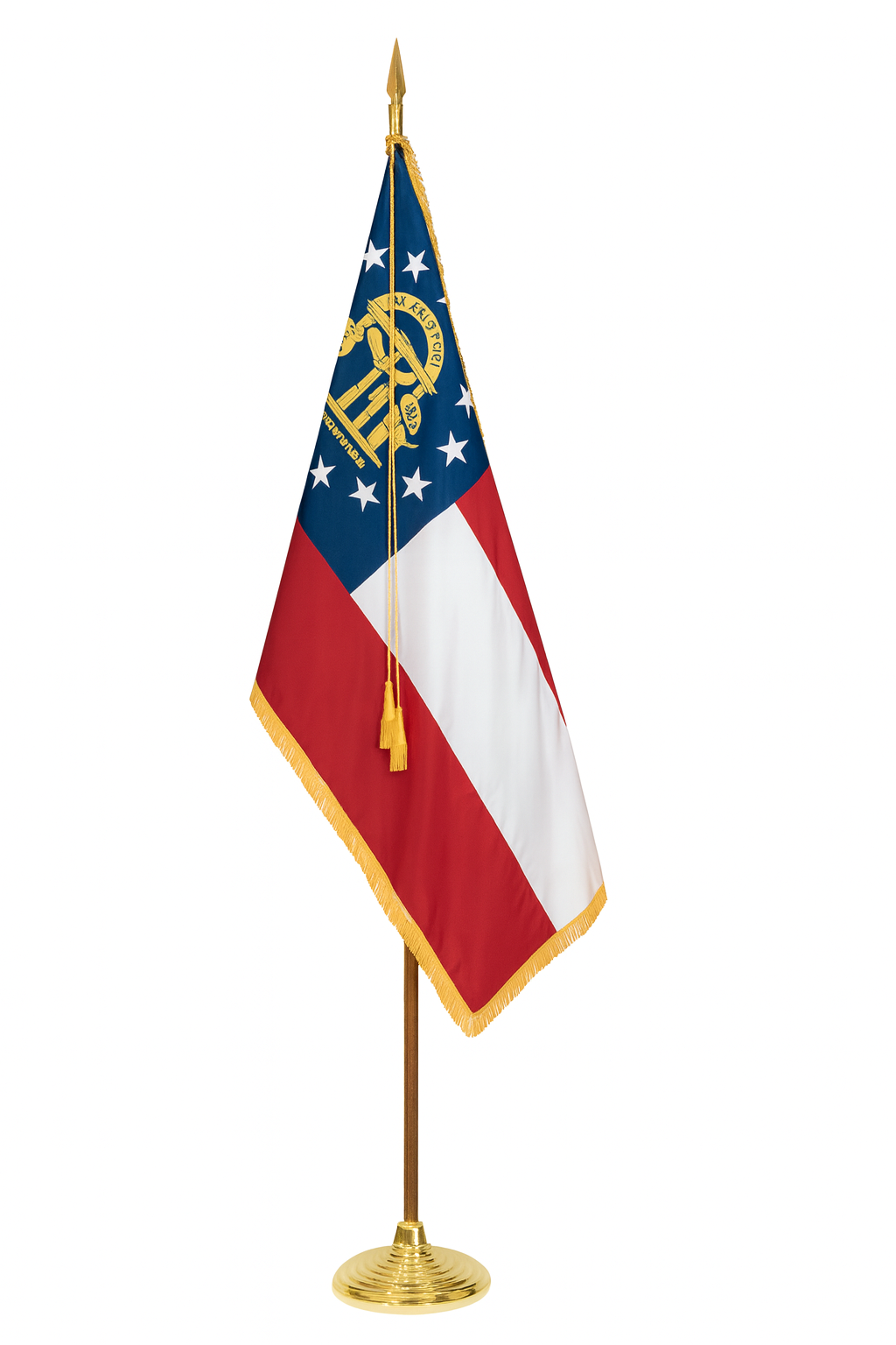 Georgia State Flag with a blue field, red stripe, and white stars on a white background