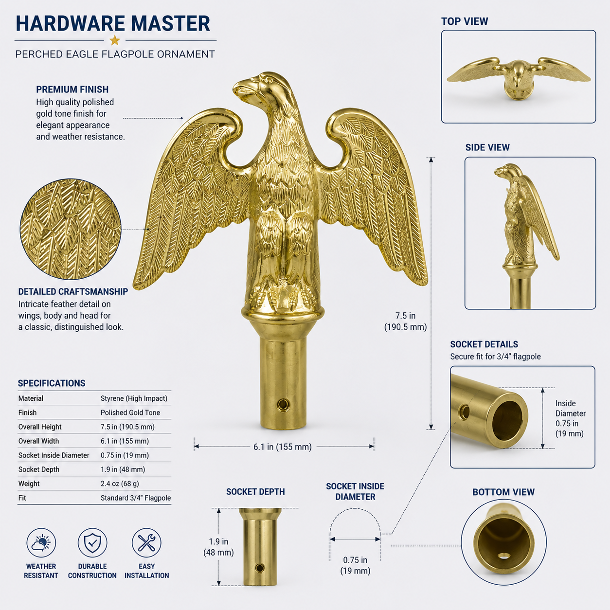 Styrene Perched Eagle Flagpole Ornament