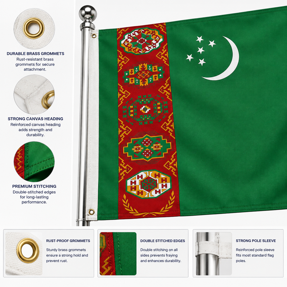 Turkmenistan Flag 2'x3' to 5'x8' Nylon