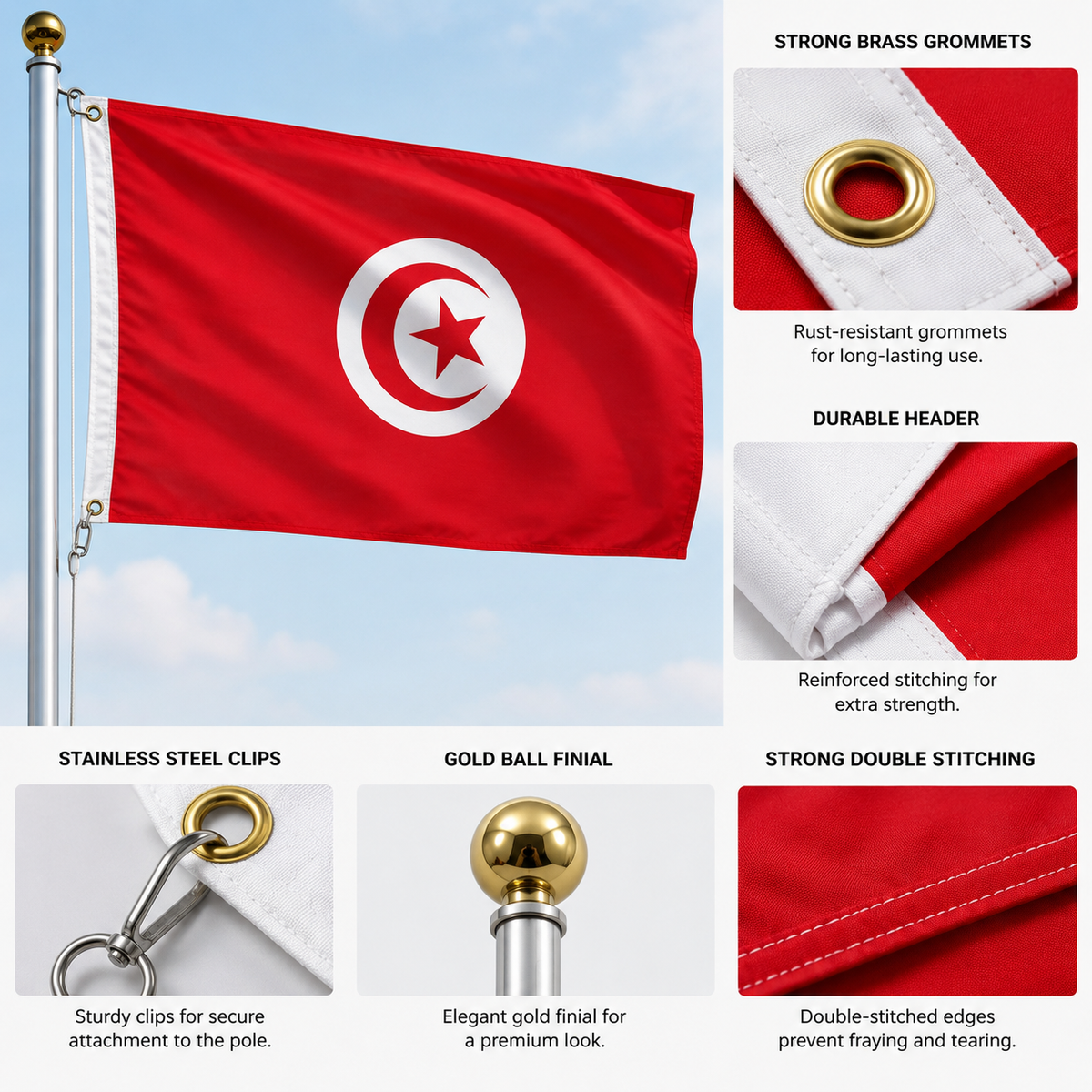 Tunisia Flag 2'x3' to 5'x8' Nylon