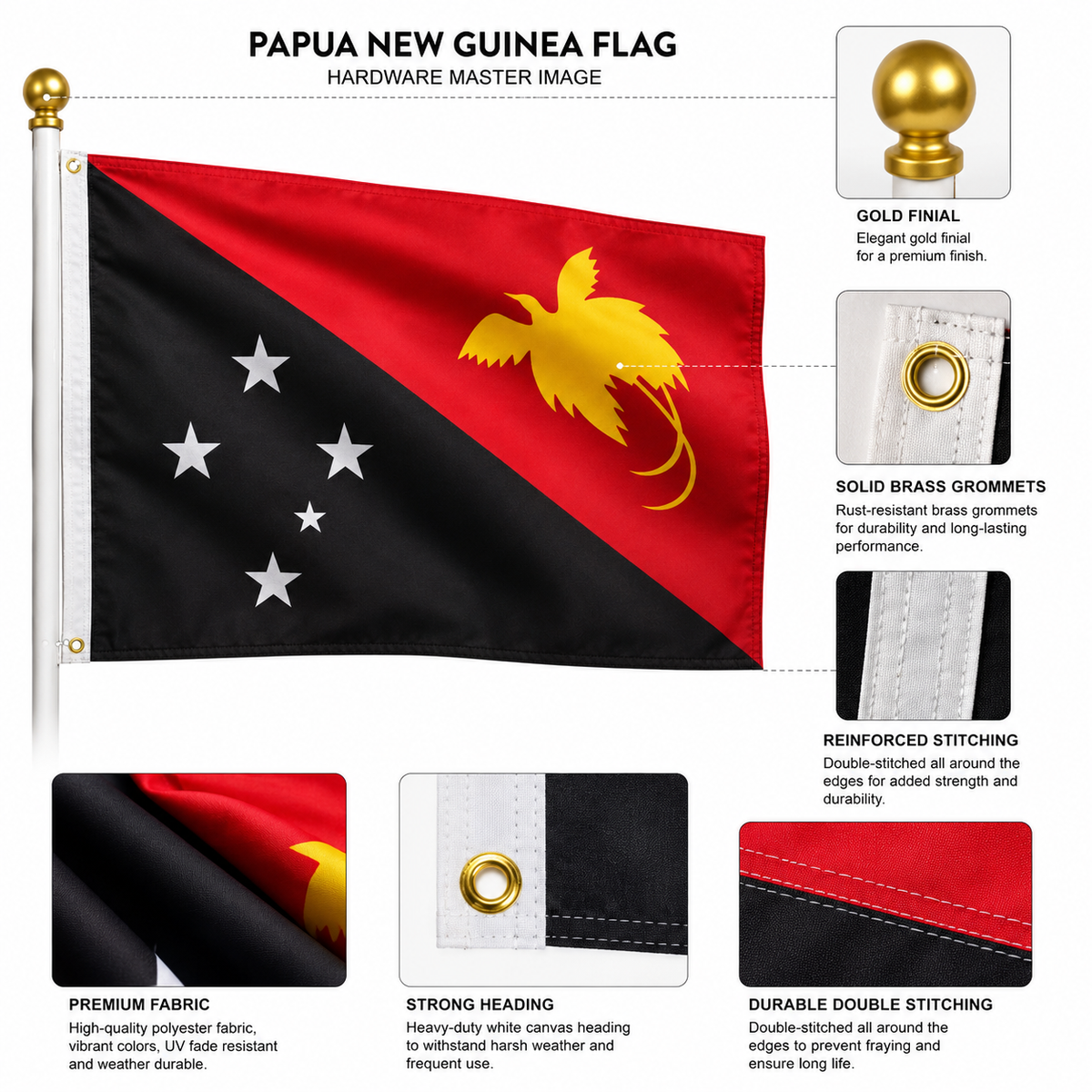Papa-New-Guinea Flag 2'x3' to 5'x8' Nylon