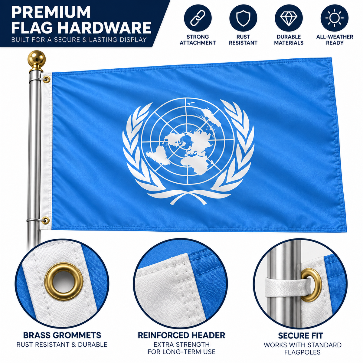 United Nations Flag 2'x3' to 5'x8' Nylon