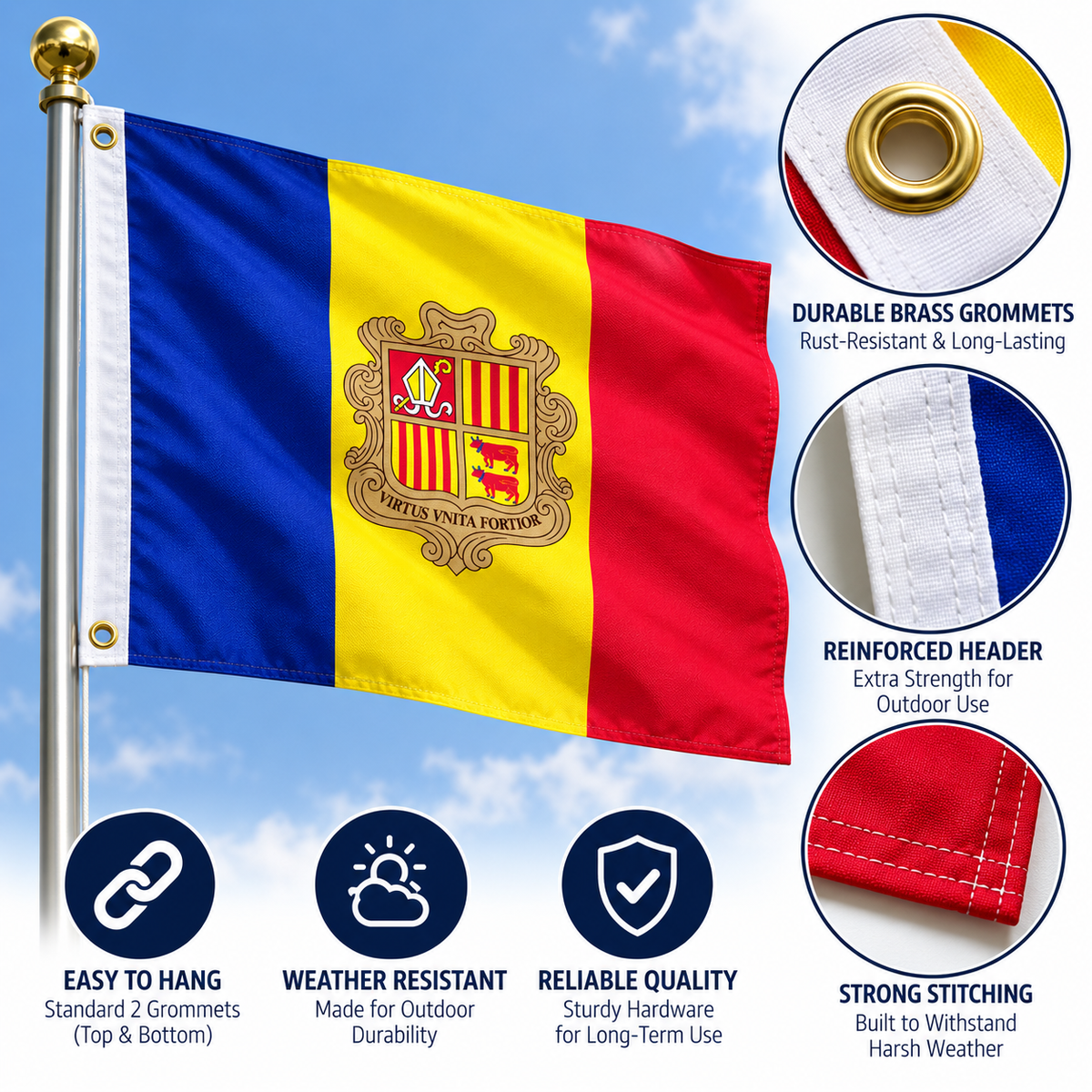 Andorra Flag 2'x3' to 5'x8' Nylon