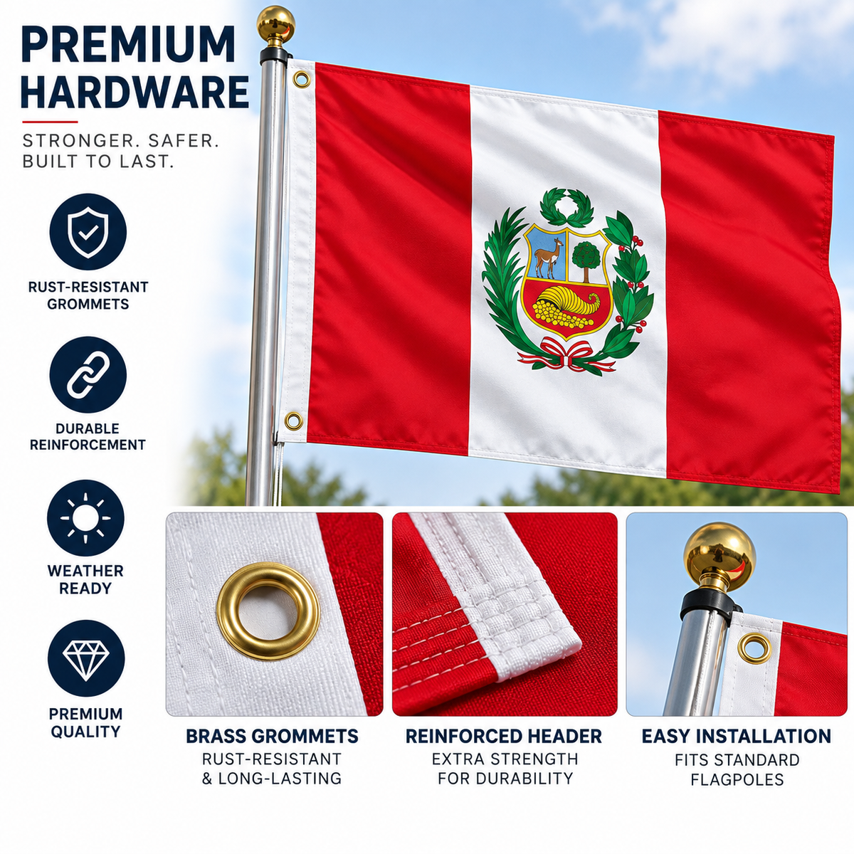 Peru Flag 2'x3' to 5'x8' Nylon