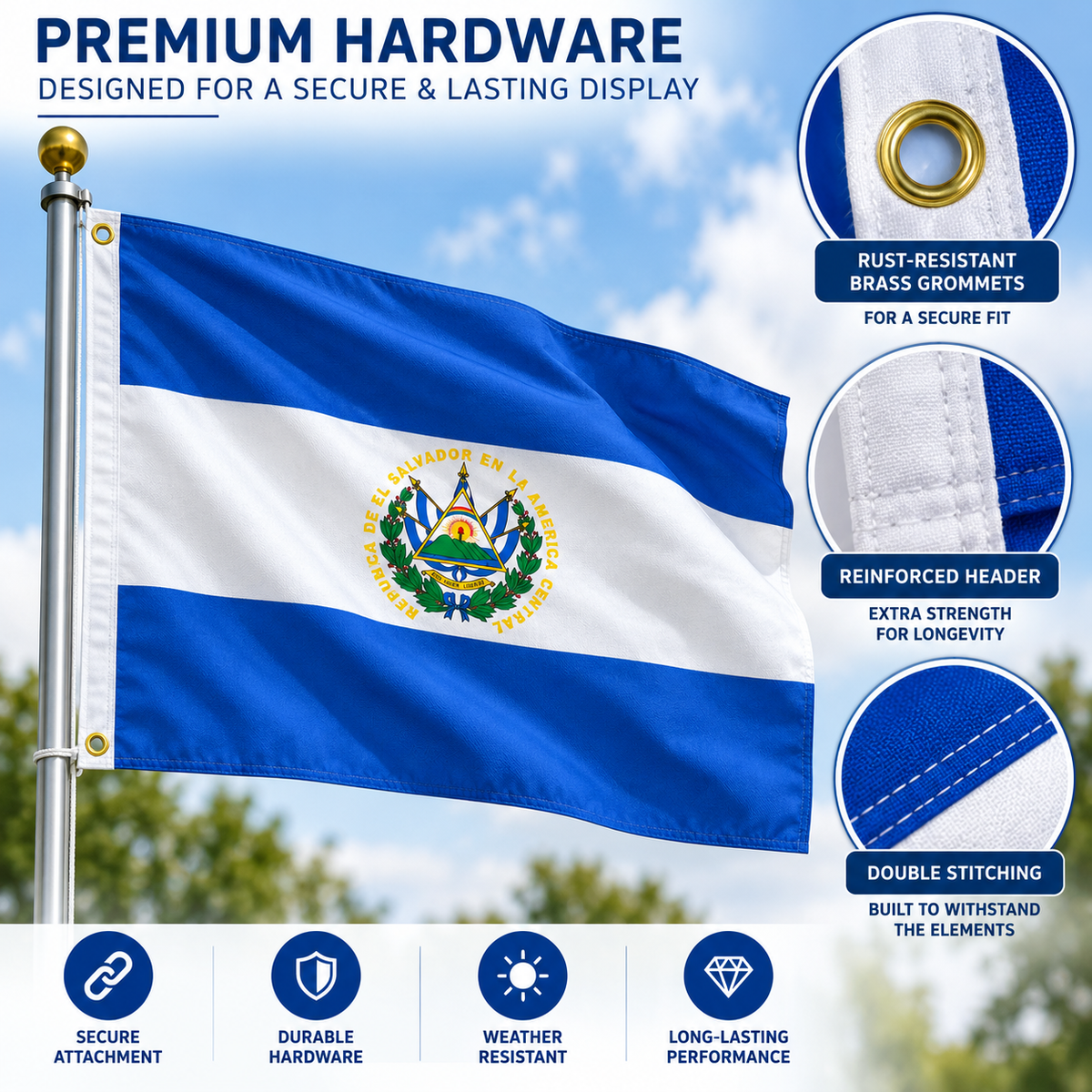 El Salvador Flag 2'x3' to 5'x8' Nylon