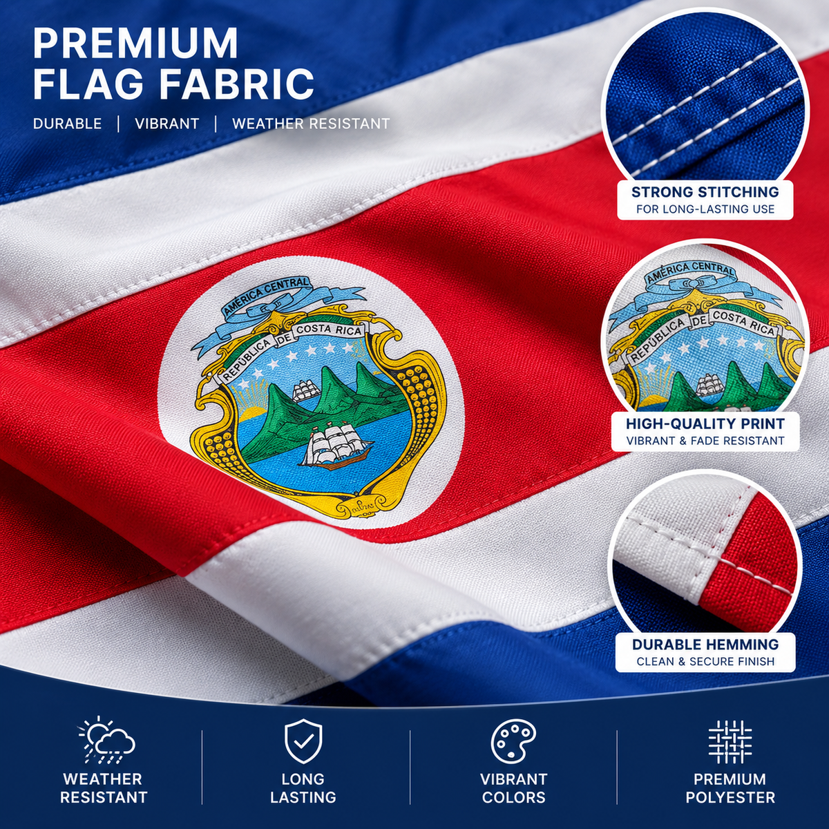 Costa Rica Flag 2'x3' to 5'x8' Nylon