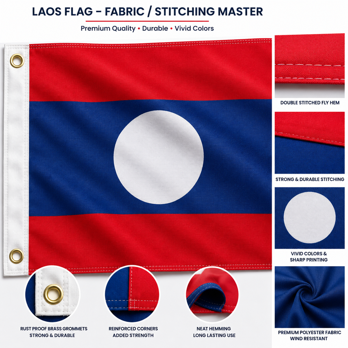 Laos Flag 2'x3' to 5'x8' Nylon