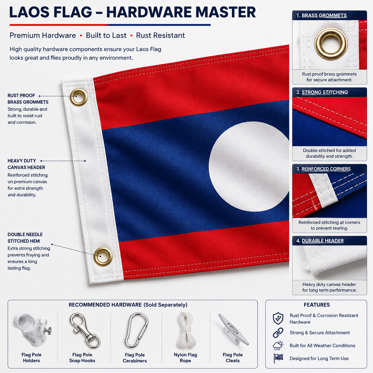 Laos Flag 2'x3' to 5'x8' Nylon