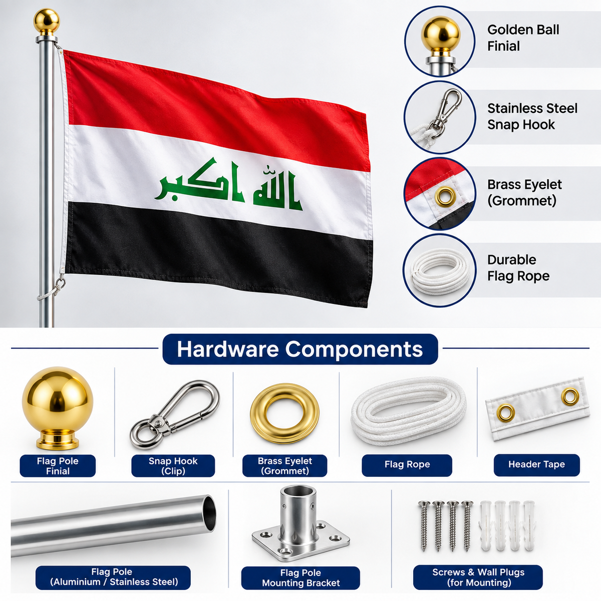 Iraq Flag 2'x3' to 5'x8' Nylon