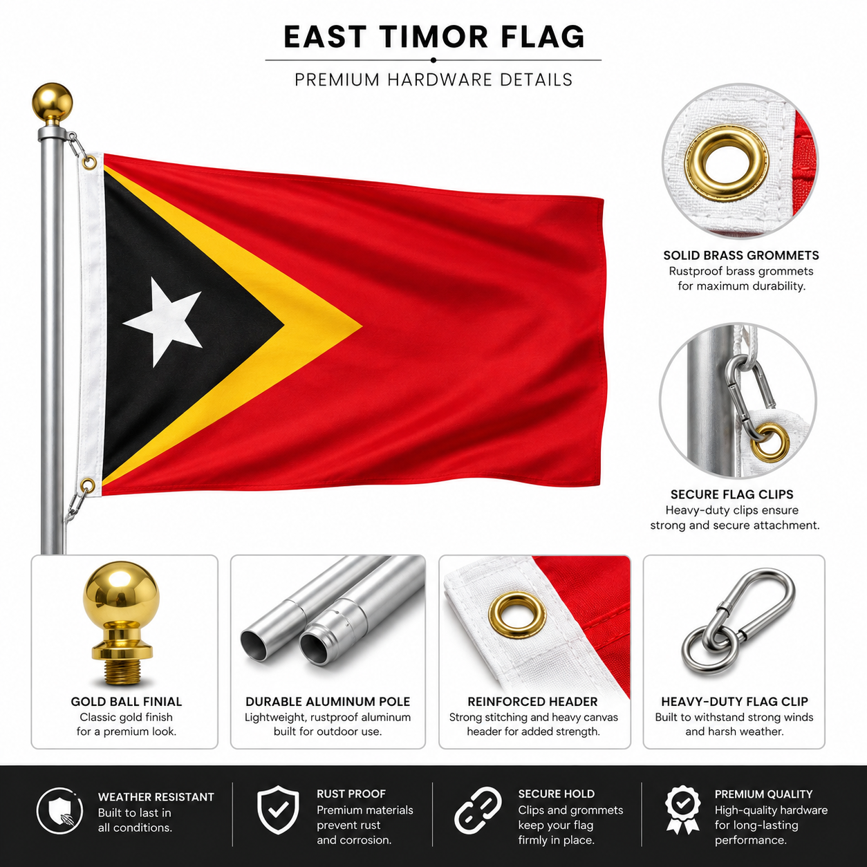 East Timor Flag 2'x3' to 5'x8' Nylon