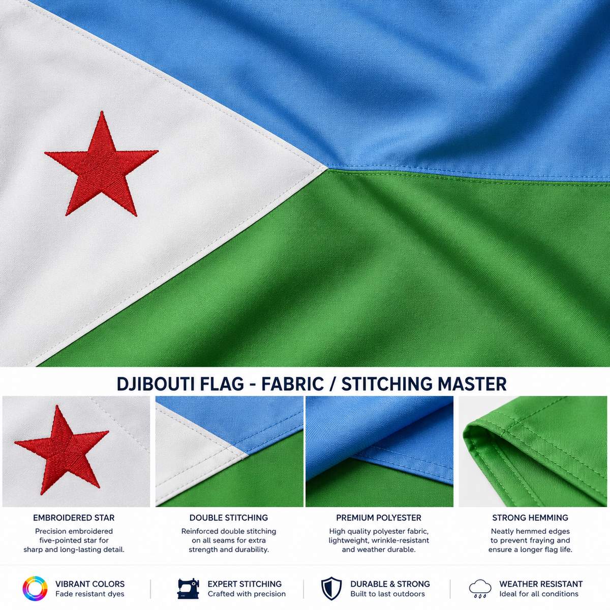 Djibouti Flag 2'x3' to 5'x8' Nylon