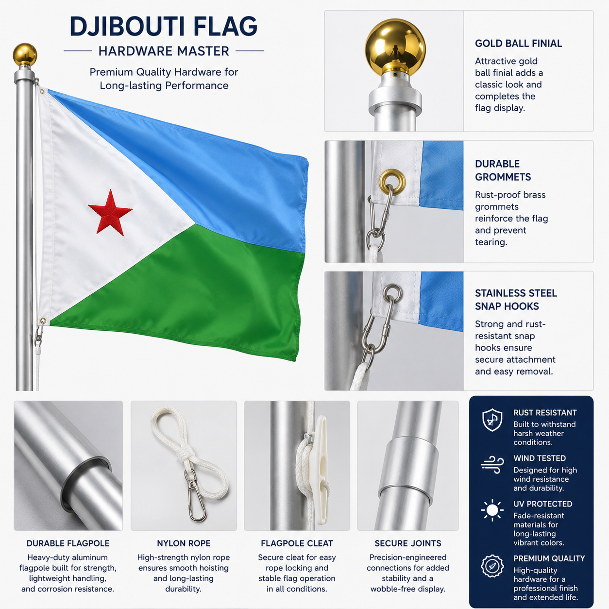 Djibouti Flag 2'x3' to 5'x8' Nylon