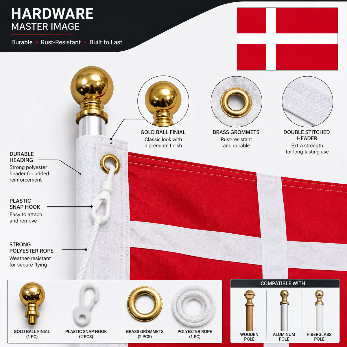 Denmark Flag 2'x3' to 5'x8' Nylon