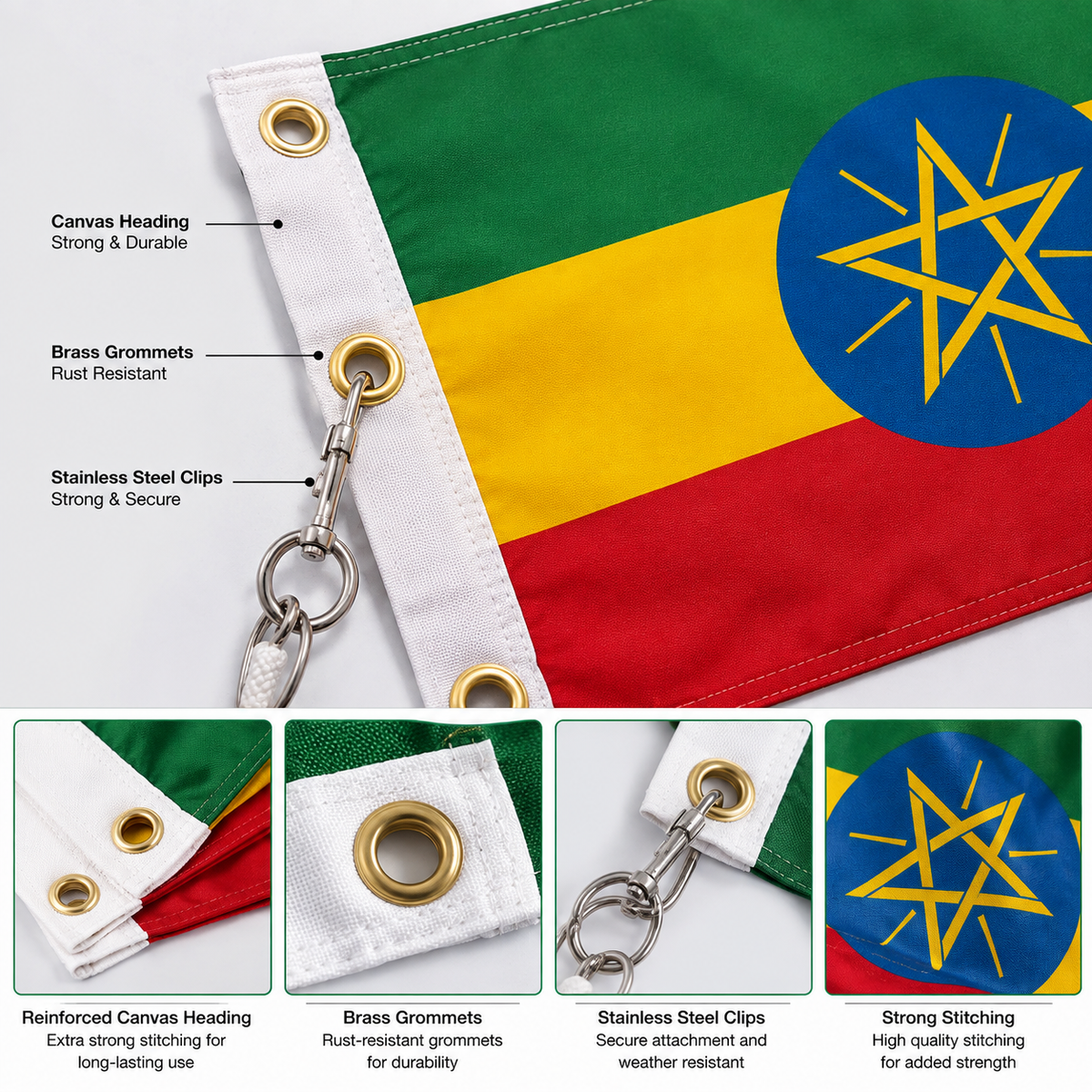 Ethiopia Flag 2'x3' to 5'x8' Nylon