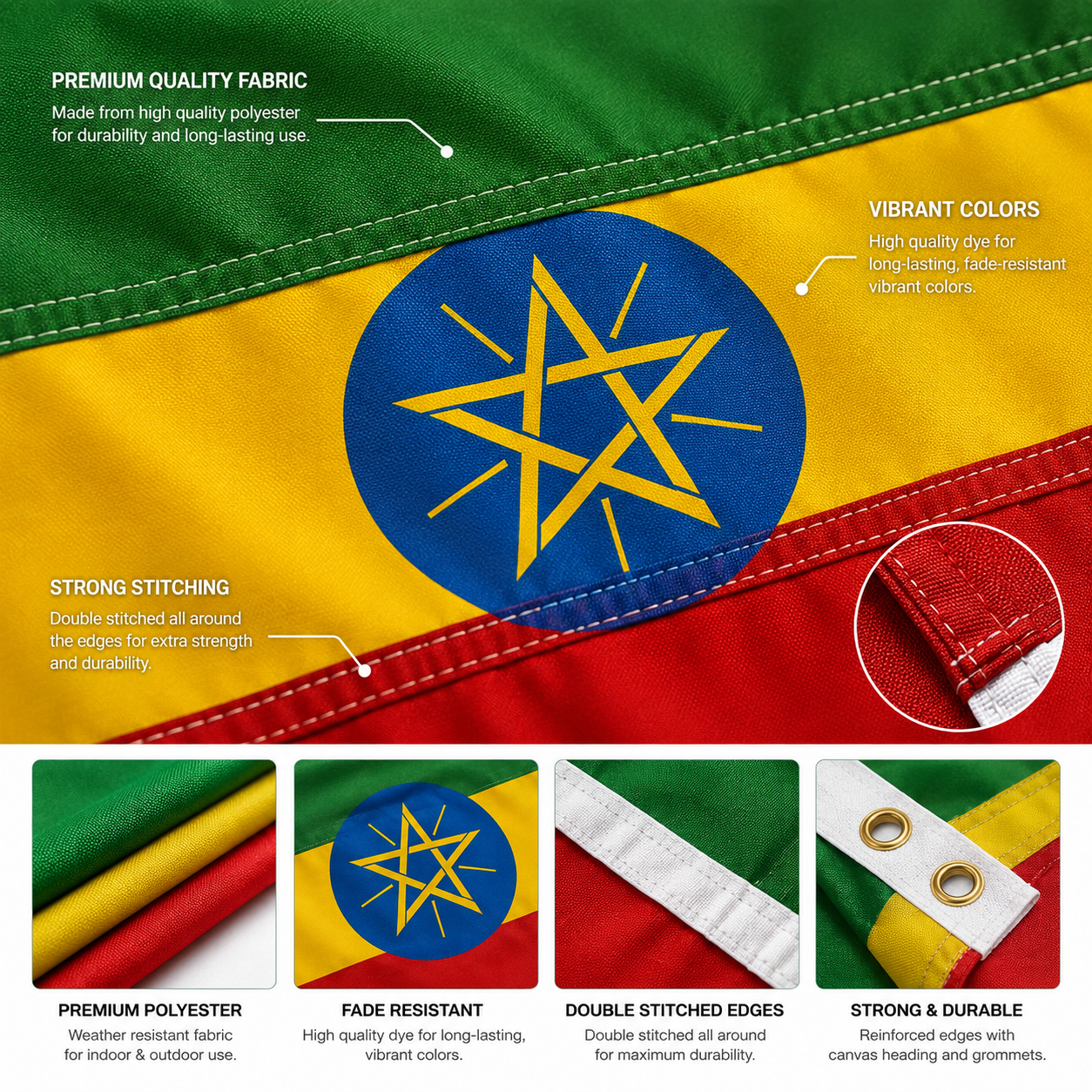 Ethiopia Flag 2'x3' to 5'x8' Nylon