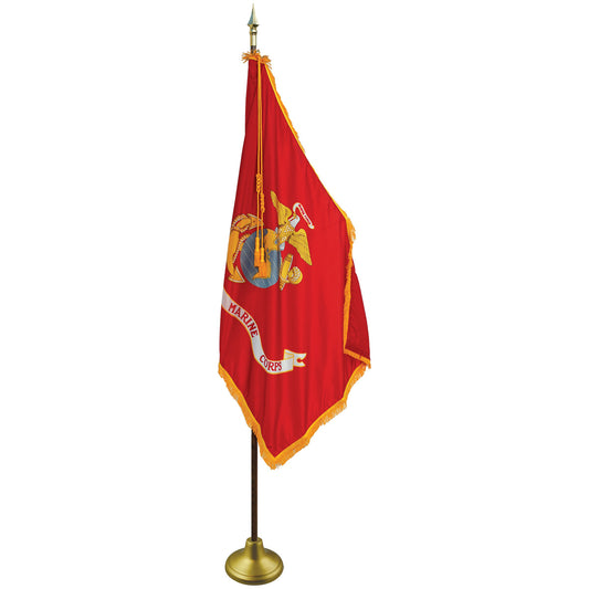 Red flag with a gold border and emblem on a white background
