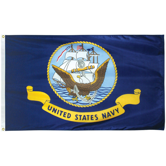 United States Navy flag with emblem and text on a blue background