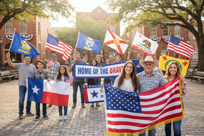 picture of happy customers with their flags
